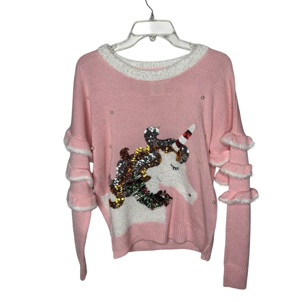 99 Jane Street Pink Sequined Unicorn Sweater Ugly Christmas Sweater. Size Small.
